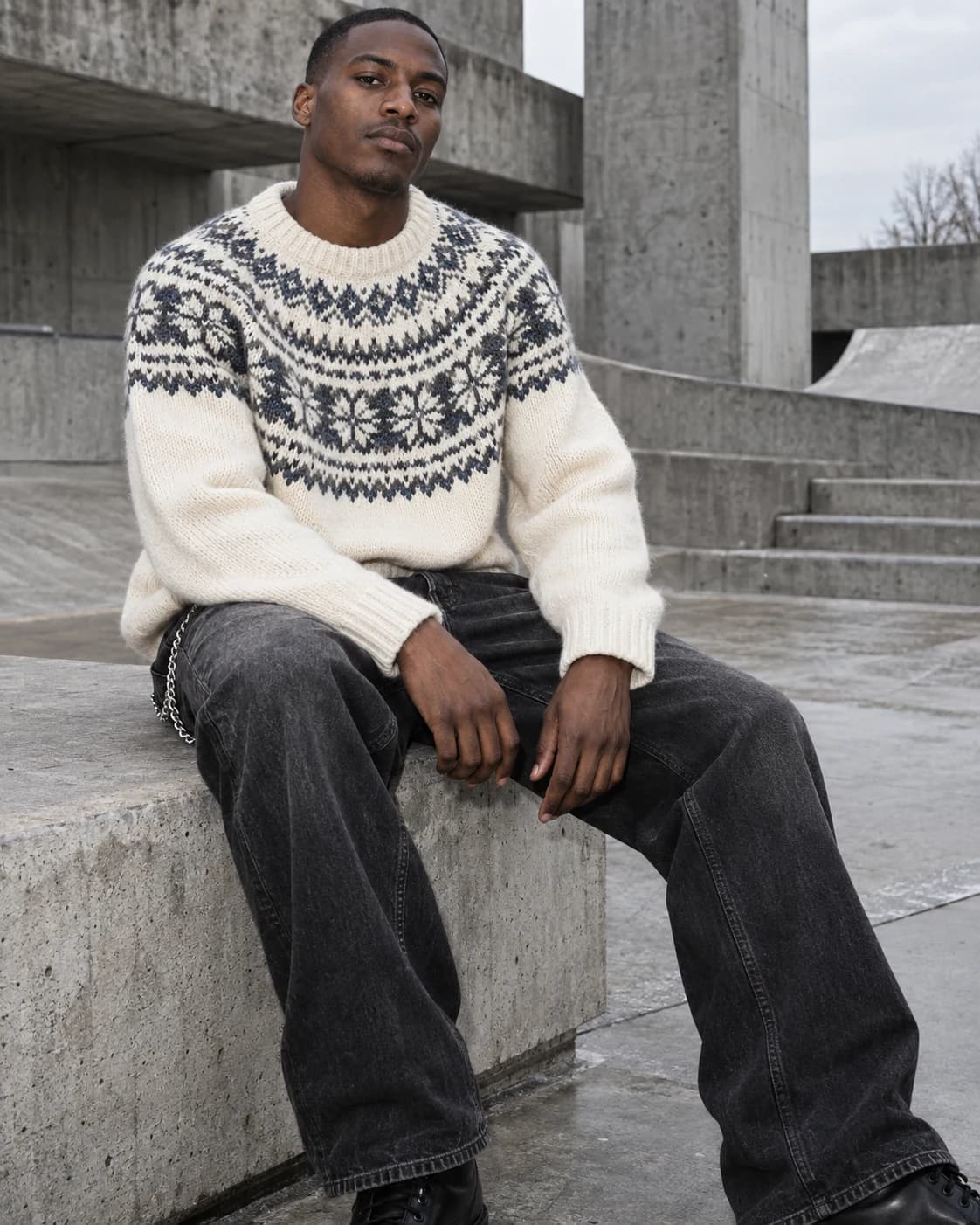 Model im cremefarbenen Norwegerpullover auf einer Betonbank mit schwarzer Jeans — KI-generiertes Beispiel